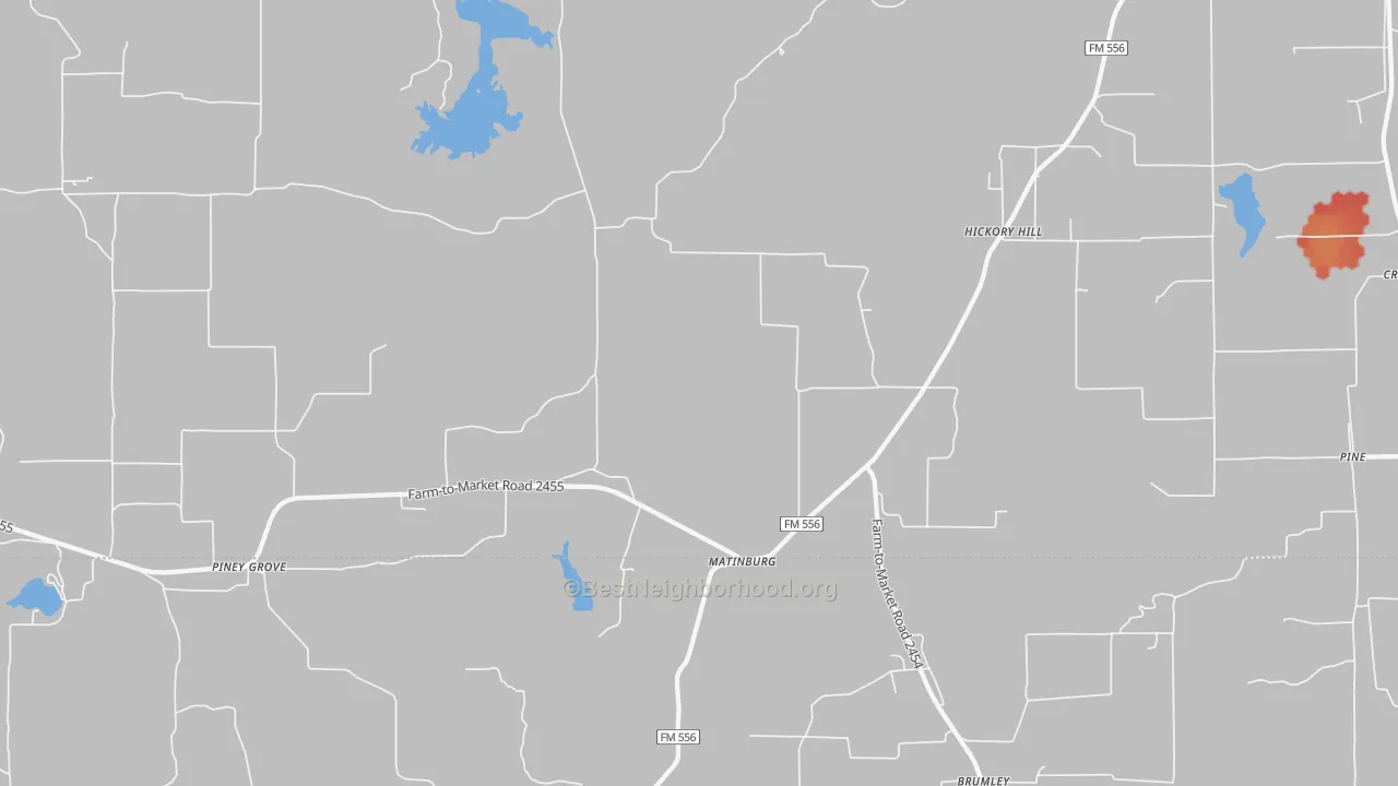 Walk Grade map of Matinburg, TX, walkable areas in green and car-dependent areas in red