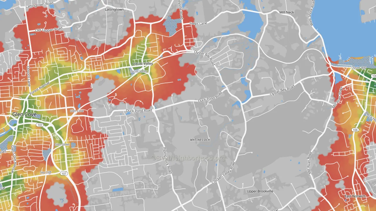 Walk Grade map of Matinecock, NY, walkable areas in green and car-dependent areas in red