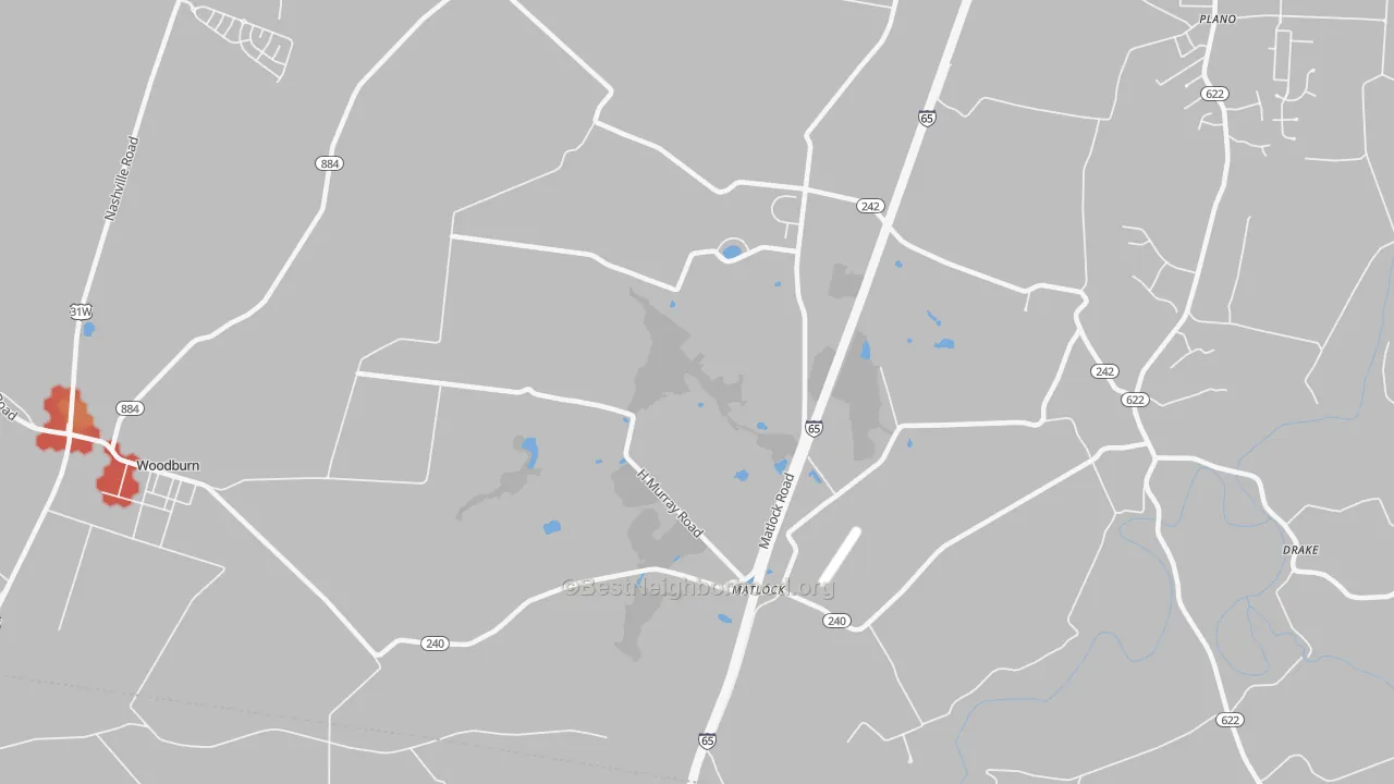 Walk Grade map of Matlock, KY, walkable areas in green and car-dependent areas in red