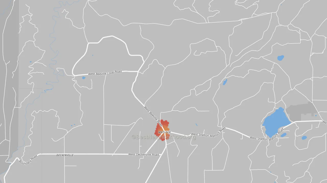 Walk Grade map of Matlock, WA, walkable areas in green and car-dependent areas in red