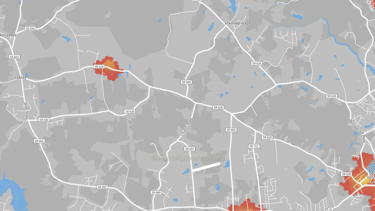 Walk Grade map of Matoaca, VA, walkable areas in green and car-dependent areas in red