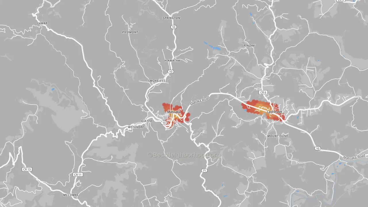 Walk Grade map of Matoaka, WV, walkable areas in green and car-dependent areas in red