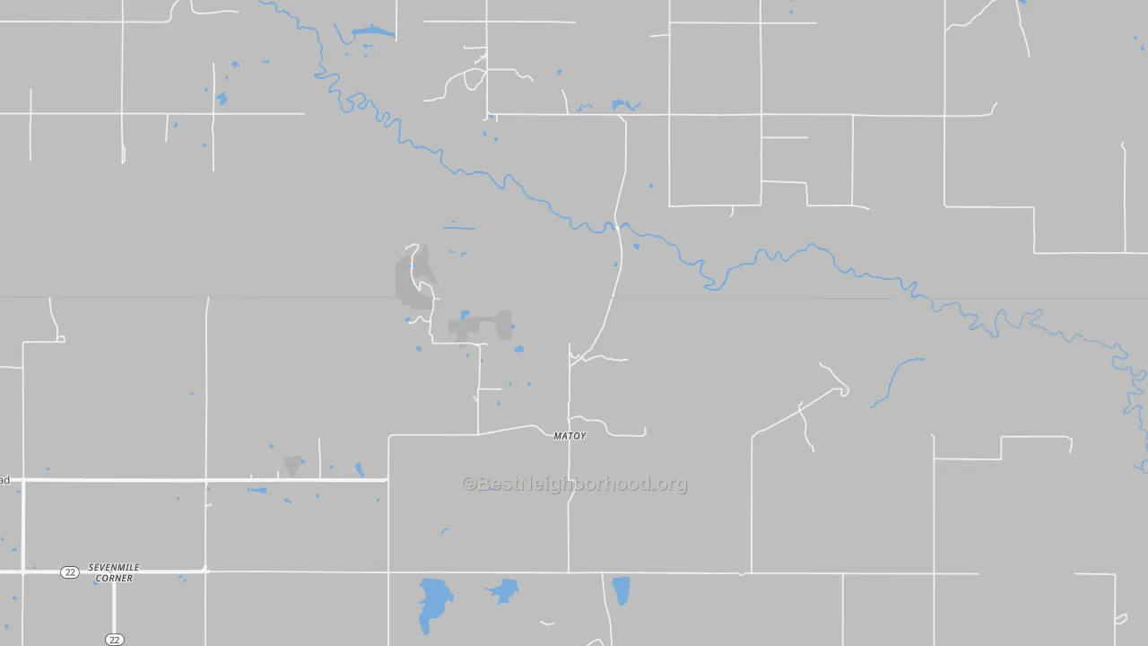 Walk Grade map of Matoy, OK, walkable areas in green and car-dependent areas in red