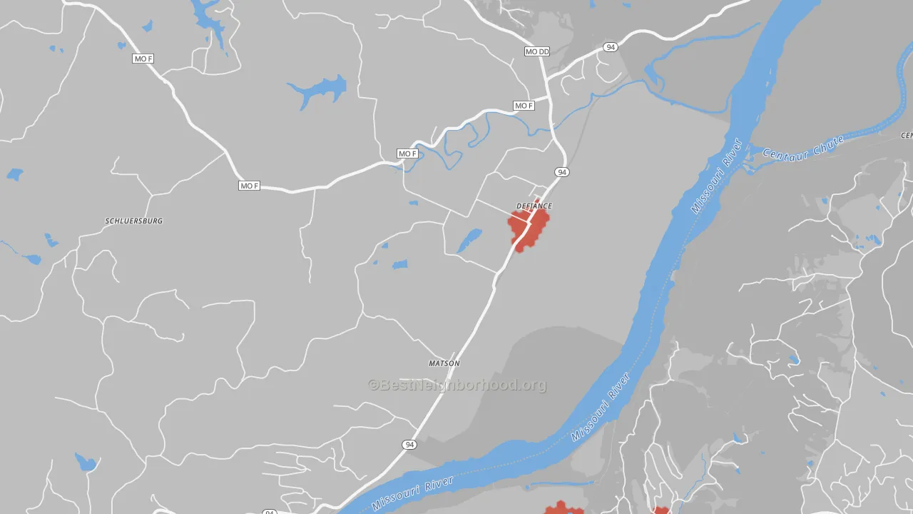 Walk Grade map of Matson, MO, walkable areas in green and car-dependent areas in red
