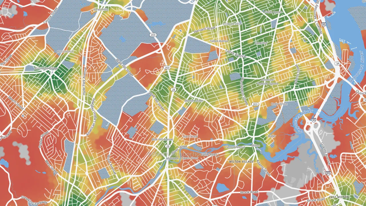 Walk Grade map of Mattapan, MA, walkable areas in green and car-dependent areas in red