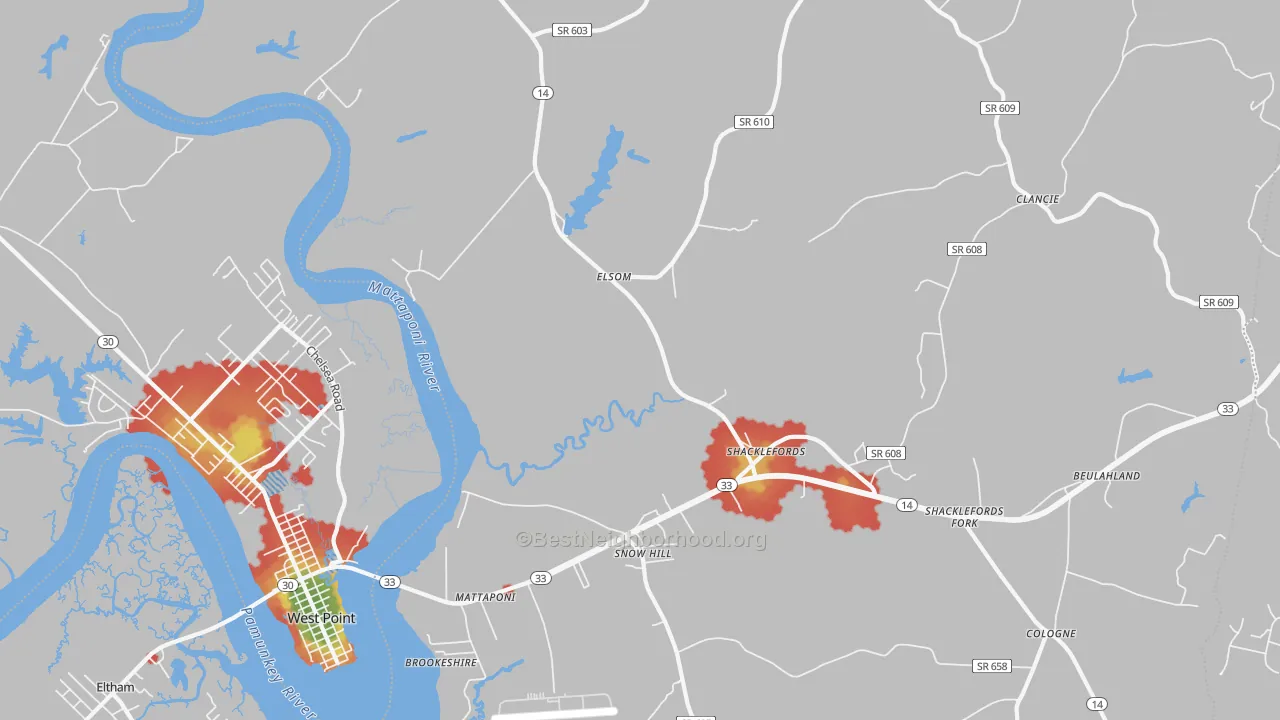 Walk Grade map of Mattaponi, VA, walkable areas in green and car-dependent areas in red