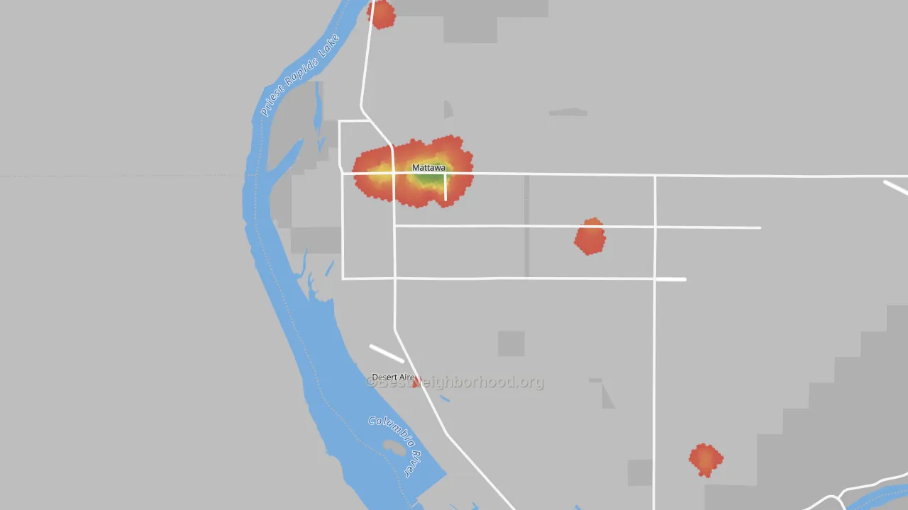 Walk Grade map of Mattawa, WA, walkable areas in green and car-dependent areas in red