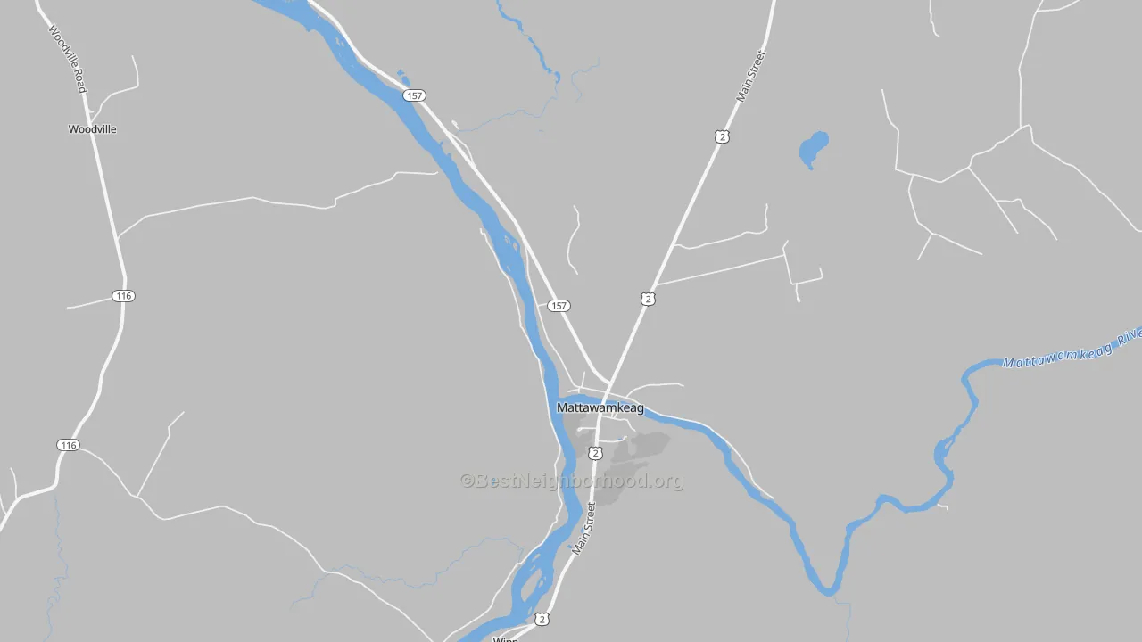 Walk Grade map of Mattawamkeag, ME, walkable areas in green and car-dependent areas in red