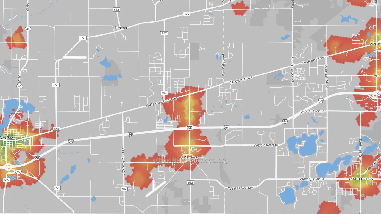 Walk Grade map of Mattawan, MI, walkable areas in green and car-dependent areas in red