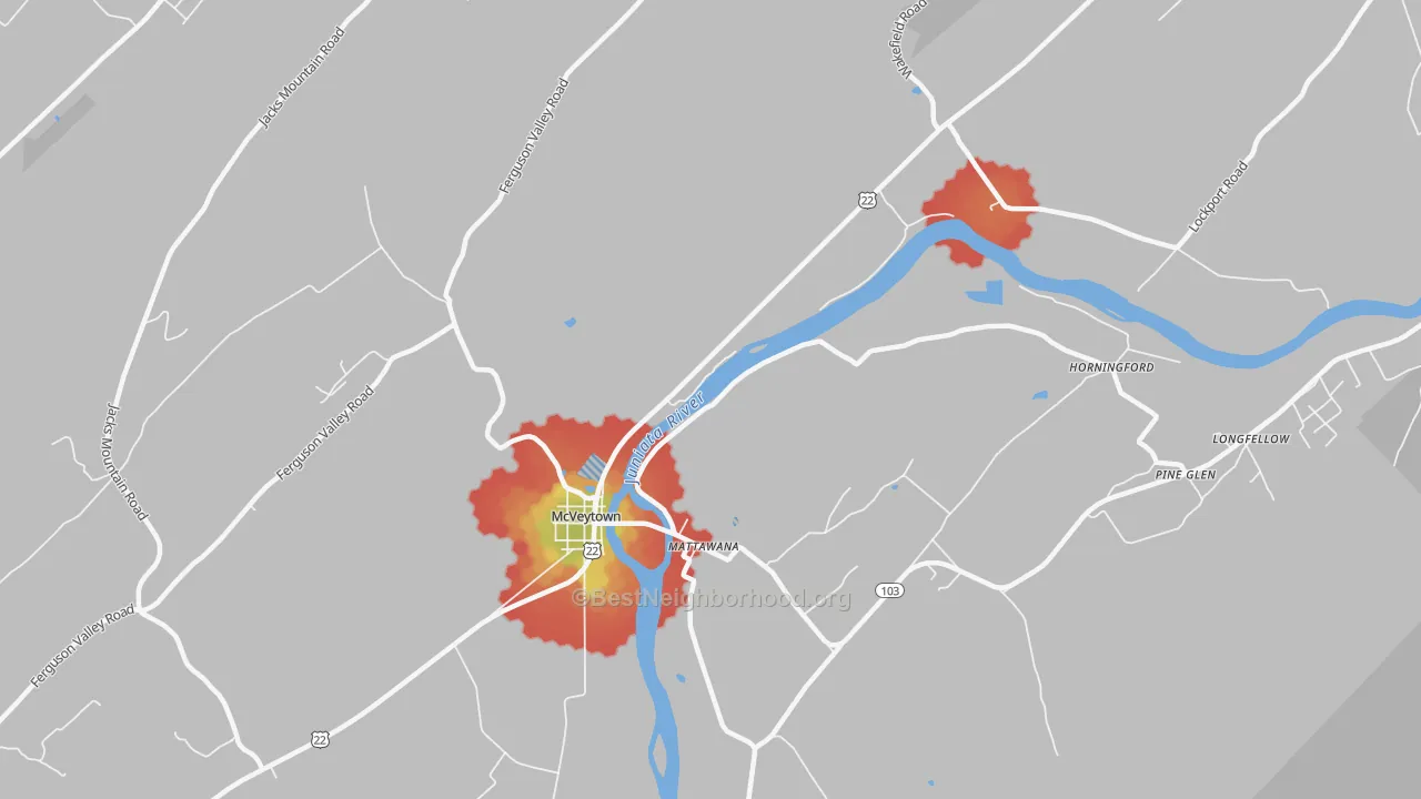 Walk Grade map of Mattawana, PA, walkable areas in green and car-dependent areas in red