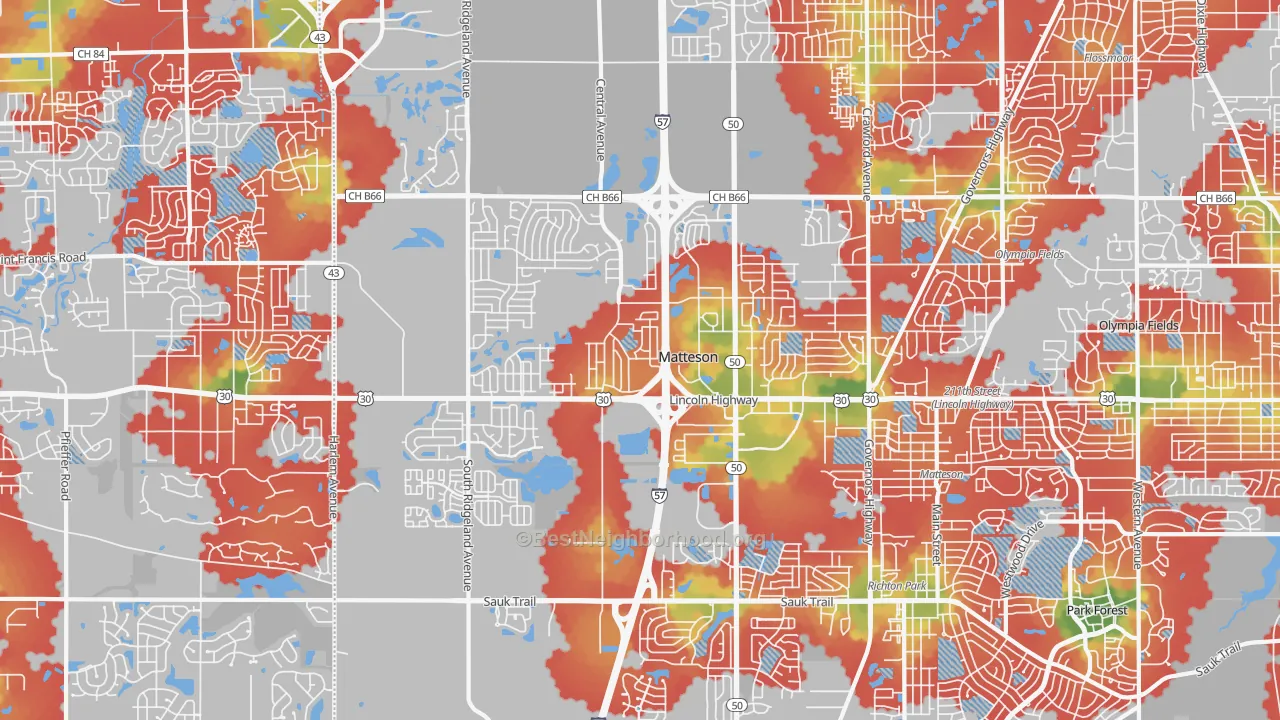Walk Grade map of Matteson, IL, walkable areas in green and car-dependent areas in red