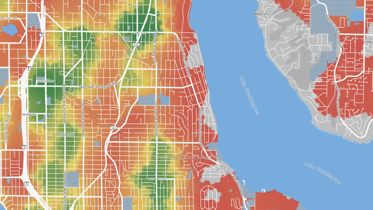Walk Grade map of Matthews Beach, Seattle, WA, walkable areas in green and car-dependent areas in red