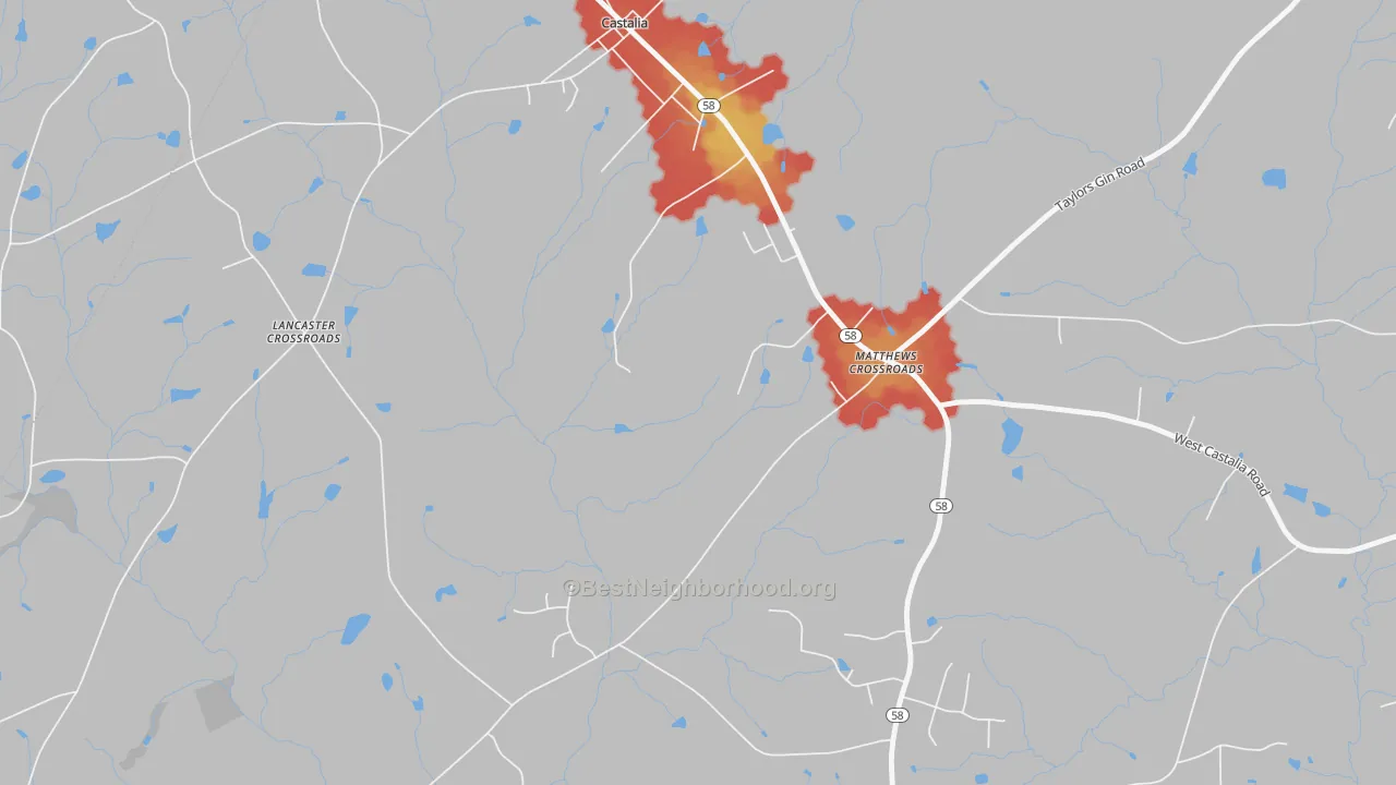 Walk Grade map of Matthews Crossroads, NC, walkable areas in green and car-dependent areas in red