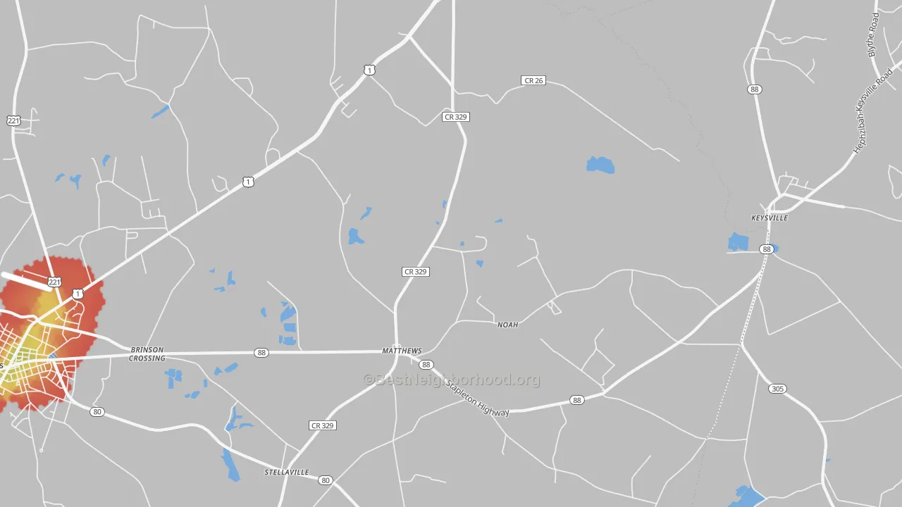 Walk Grade map of Matthews, GA, walkable areas in green and car-dependent areas in red