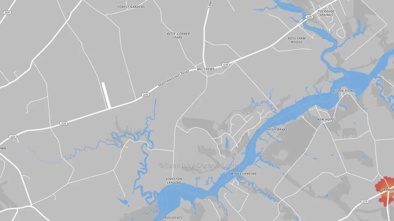 Walk Grade map of Matthews, MD, walkable areas in green and car-dependent areas in red