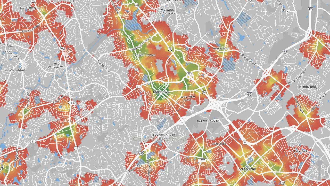Walk Grade map of Matthews, NC, walkable areas in green and car-dependent areas in red