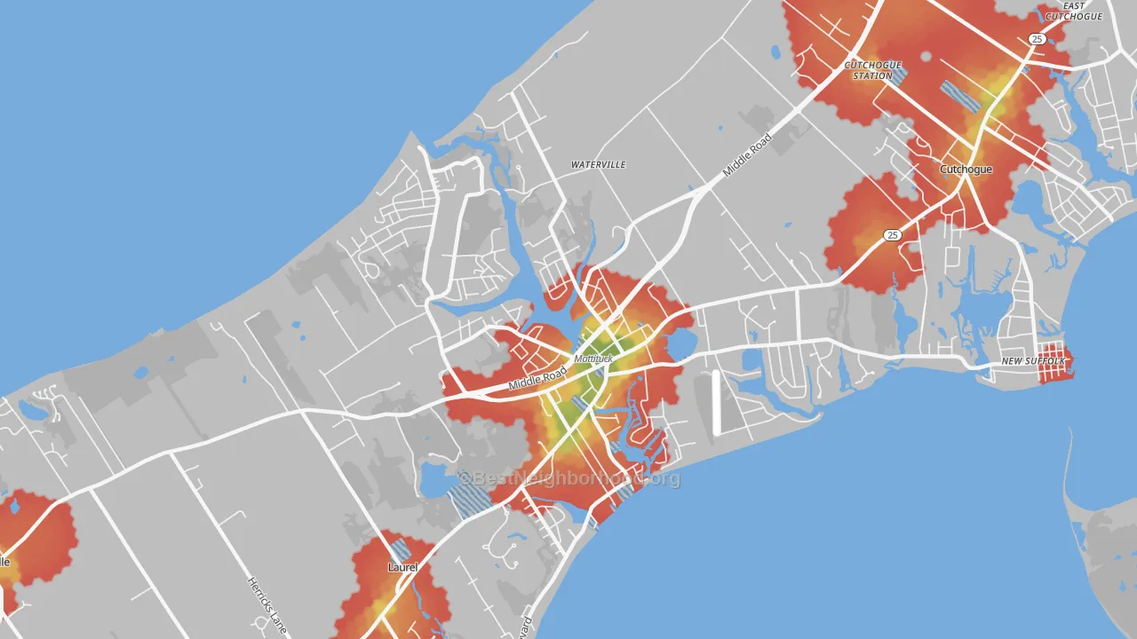 Walk Grade map of Mattituck, NY, walkable areas in green and car-dependent areas in red