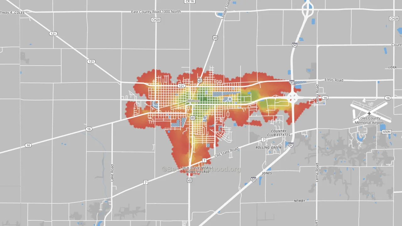 Walk Grade map of Mattoon, IL, walkable areas in green and car-dependent areas in red