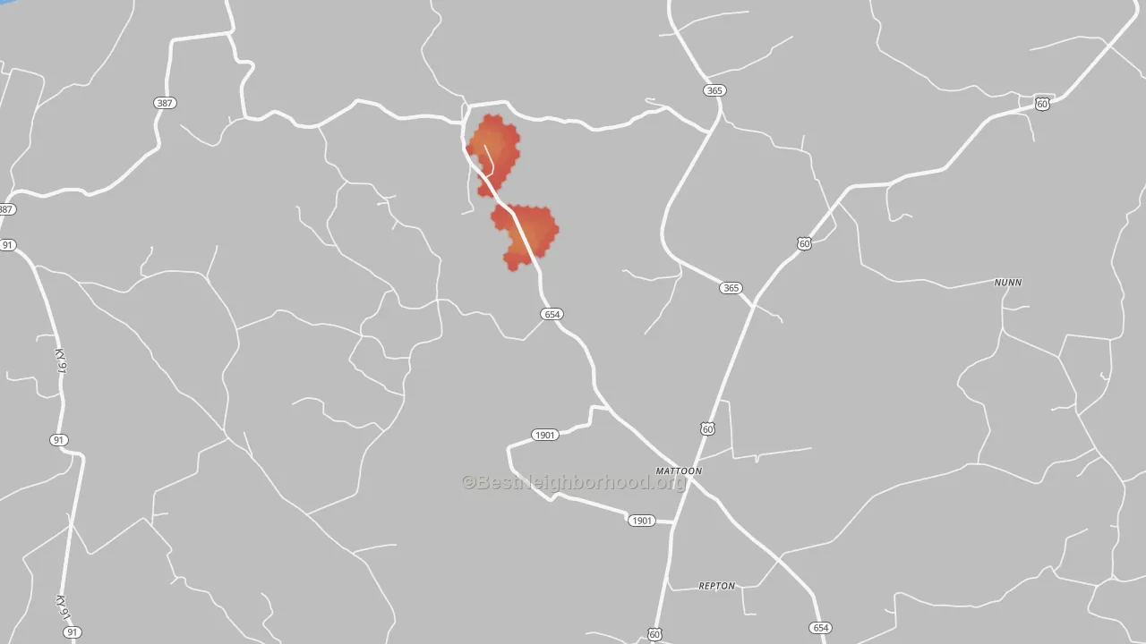 Walk Grade map of Mattoon, KY, walkable areas in green and car-dependent areas in red