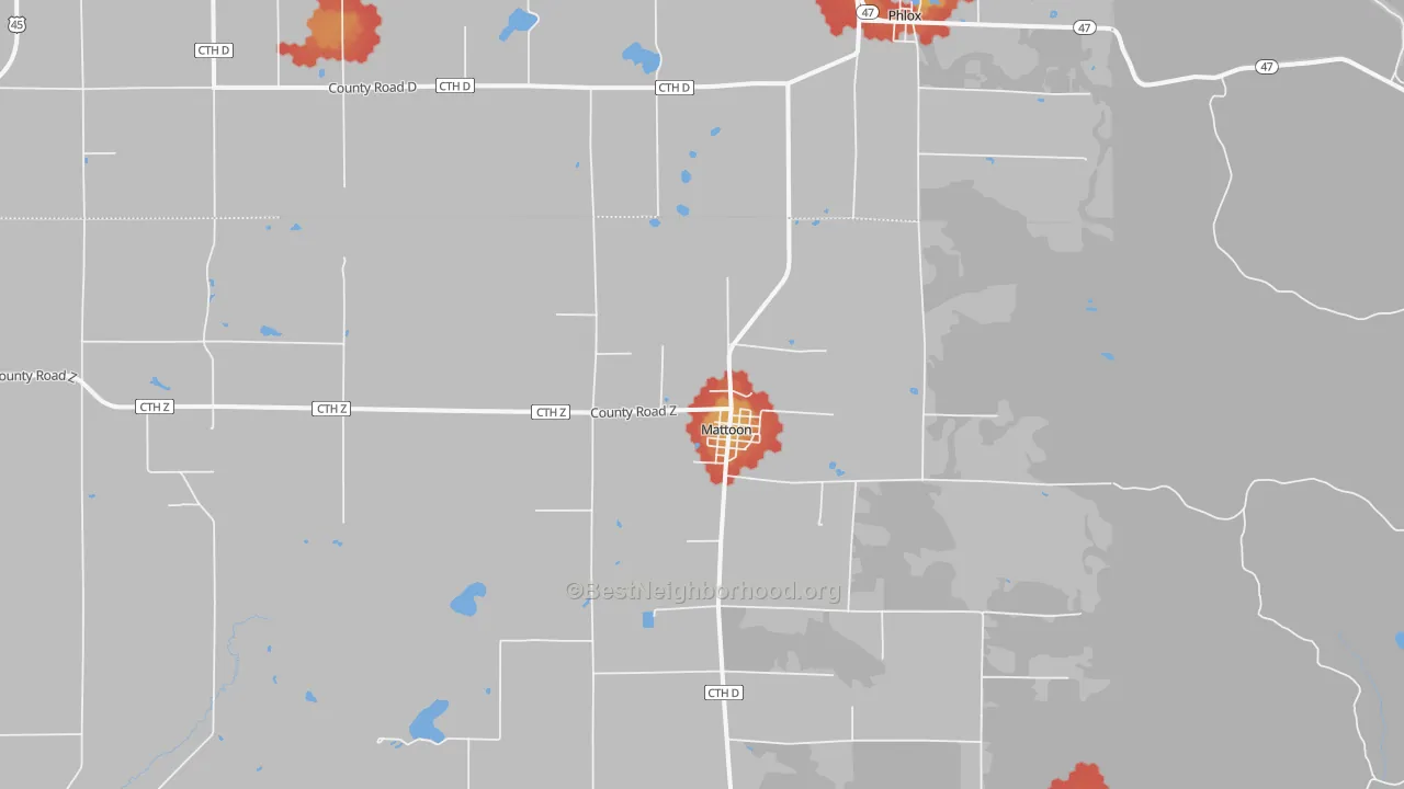Walk Grade map of Mattoon, WI, walkable areas in green and car-dependent areas in red
