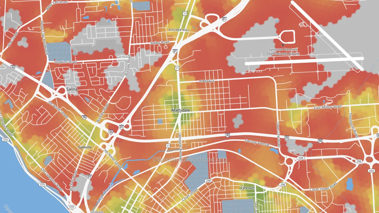 Walk Grade map of Mattydale, NY, walkable areas in green and car-dependent areas in red