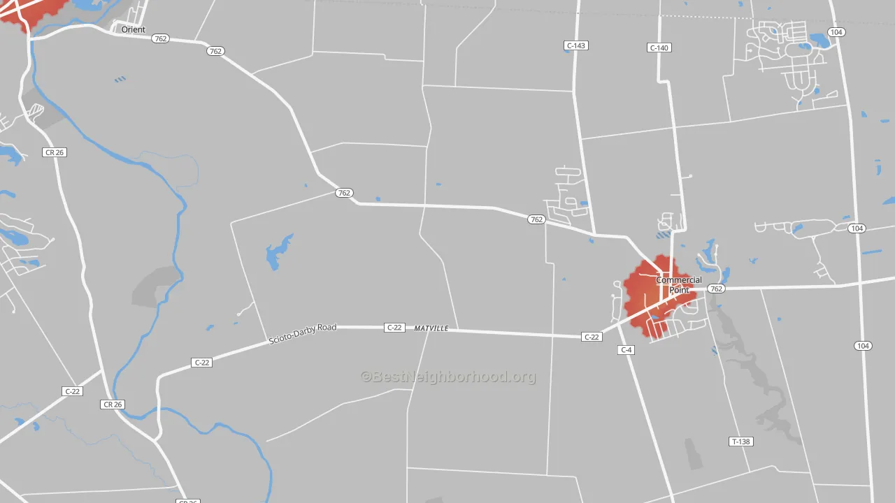 Walk Grade map of Matville, OH, walkable areas in green and car-dependent areas in red