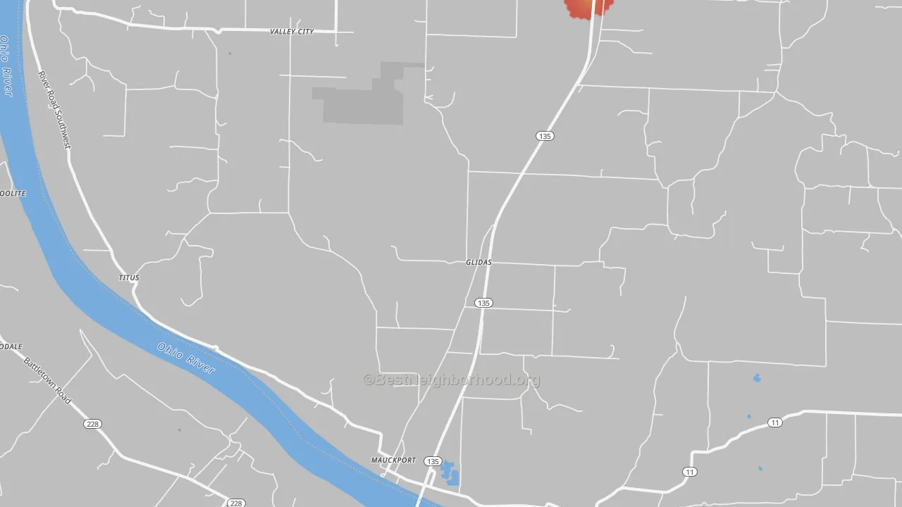 Walk Grade map of Mauckport, IN, walkable areas in green and car-dependent areas in red