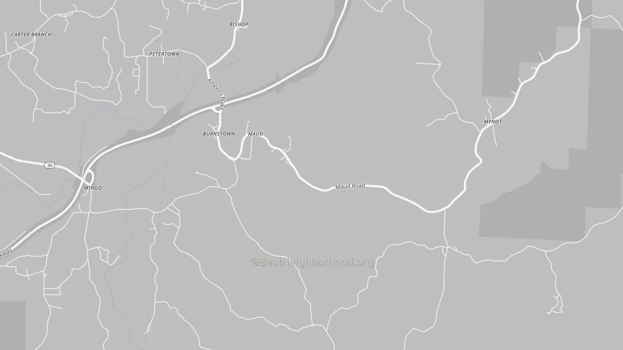 Walk Grade map of Maud, AL, walkable areas in green and car-dependent areas in red