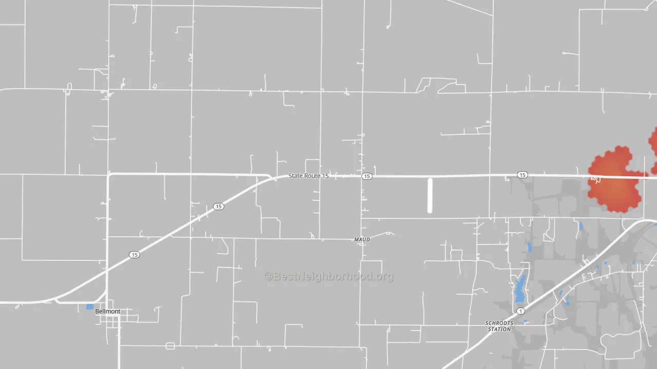 Walk Grade map of Maud, IL, walkable areas in green and car-dependent areas in red