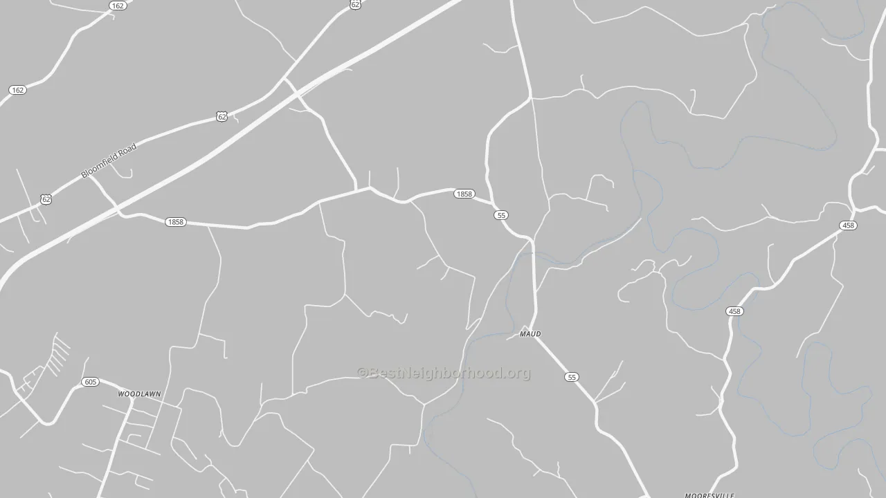 Walk Grade map of Maud, KY, walkable areas in green and car-dependent areas in red