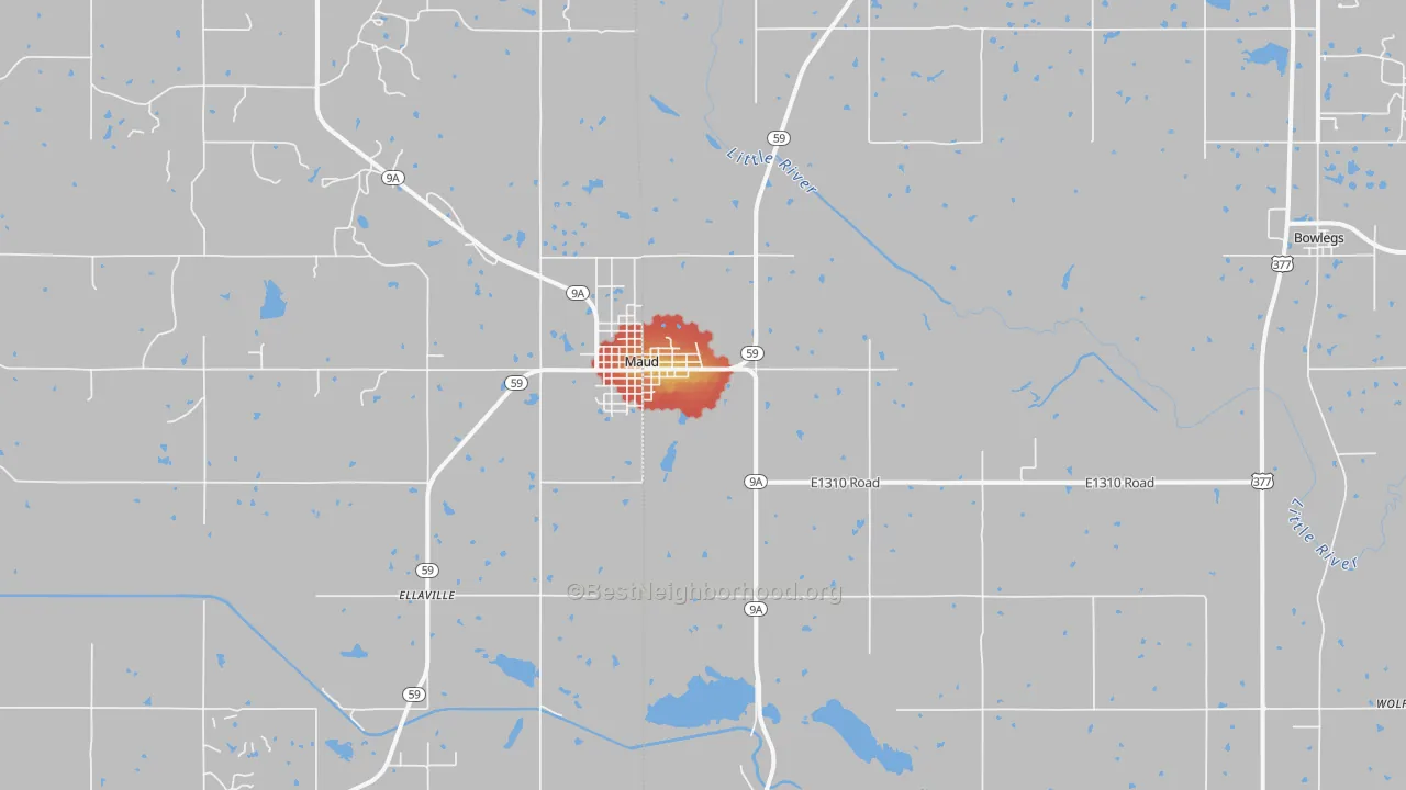 Walk Grade map of Maud, OK, walkable areas in green and car-dependent areas in red