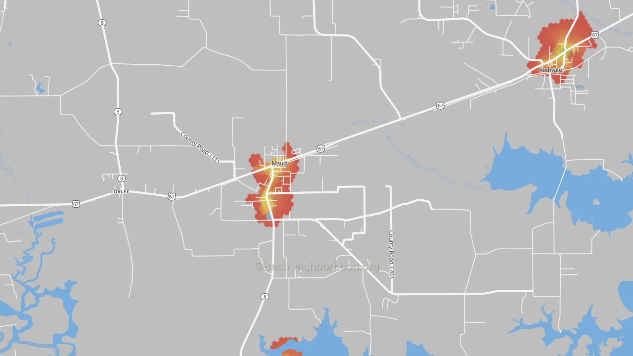 Walk Grade map of Maud, TX, walkable areas in green and car-dependent areas in red