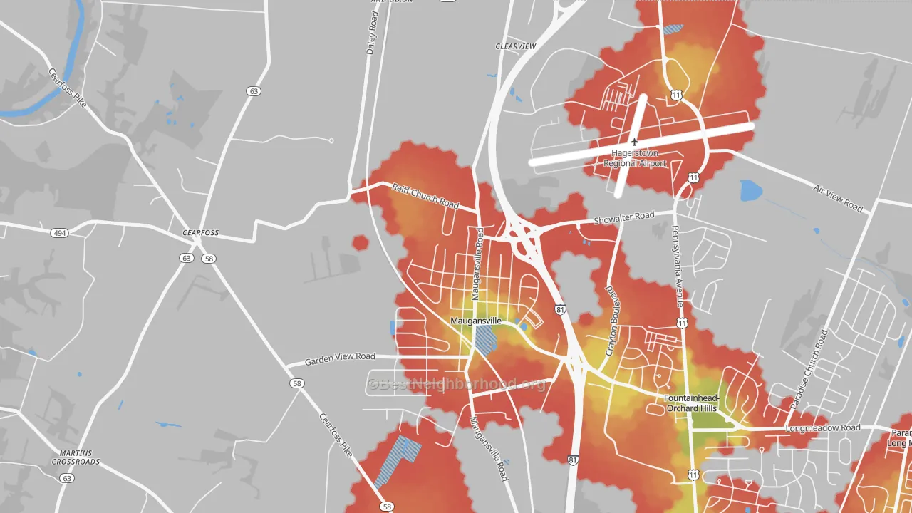 Walk Grade map of Maugansville, MD, walkable areas in green and car-dependent areas in red