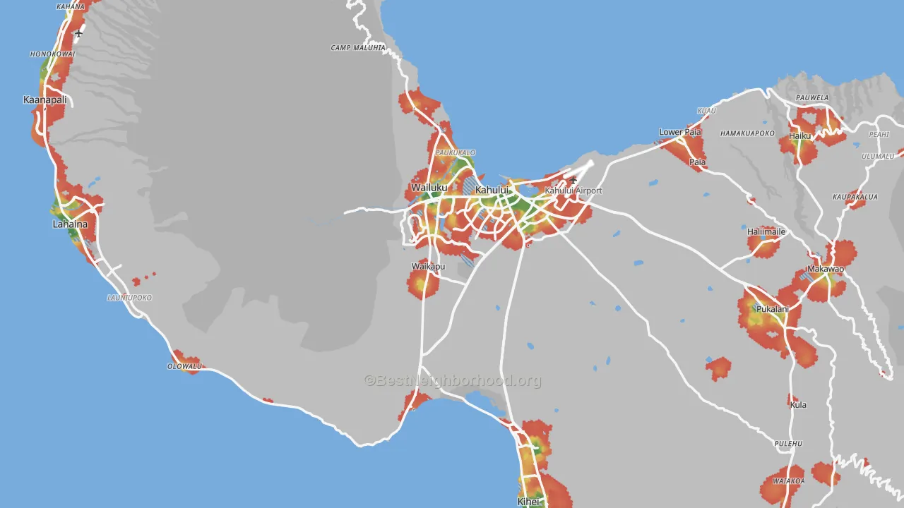 Walk Grade map of Maui County, HI, walkable areas in green and car-dependent areas in red
