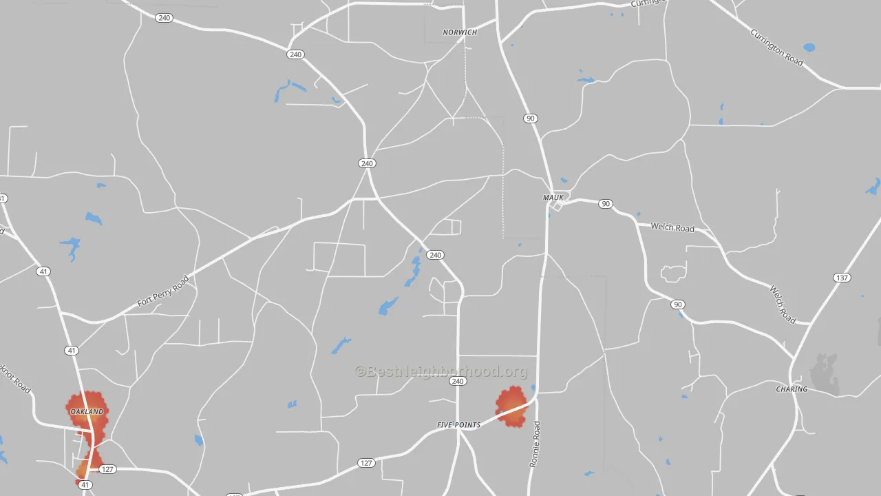 Walk Grade map of Mauk, GA, walkable areas in green and car-dependent areas in red
