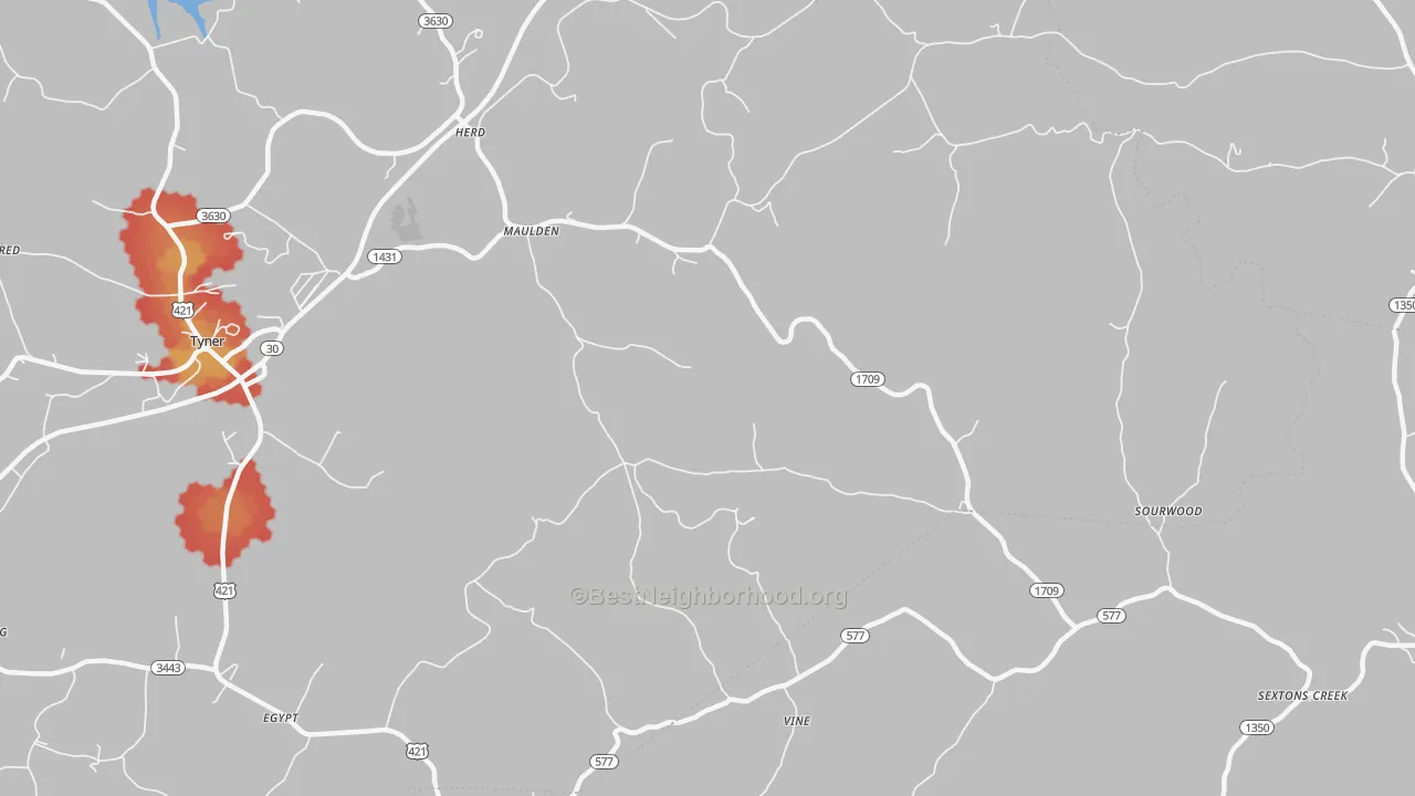Walk Grade map of Maulden, KY, walkable areas in green and car-dependent areas in red