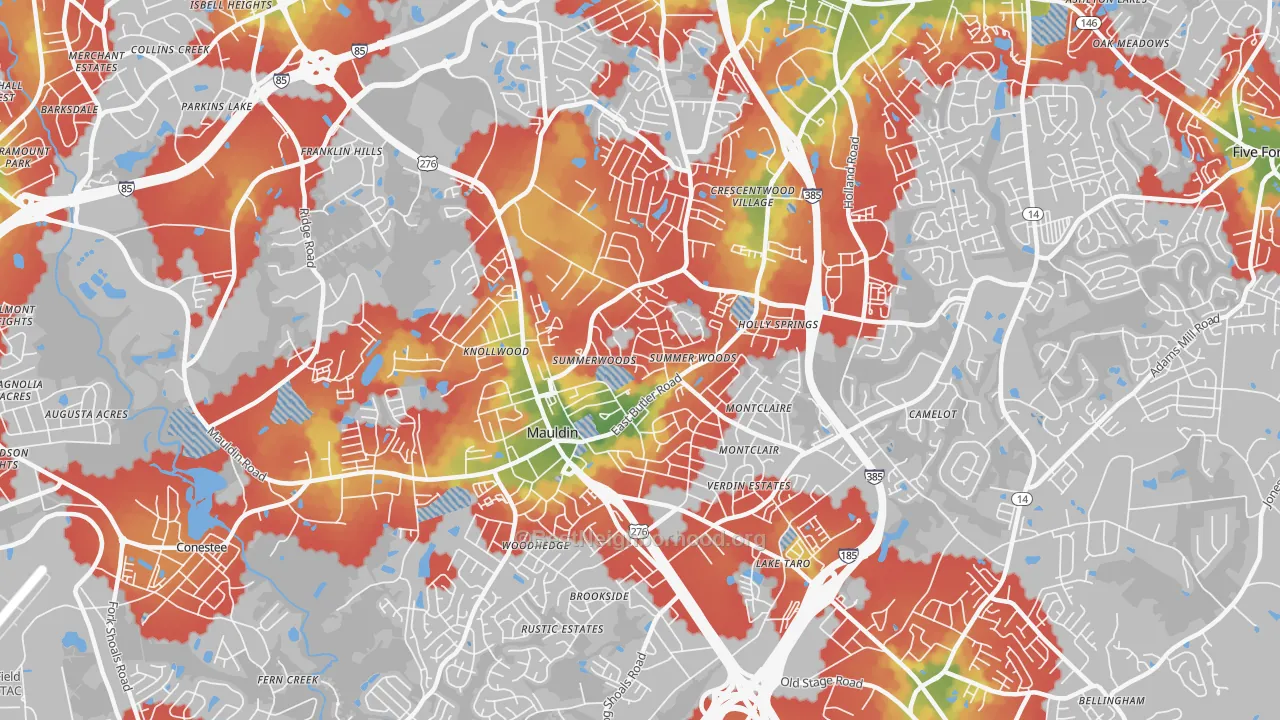 Walk Grade map of Mauldin, SC, walkable areas in green and car-dependent areas in red