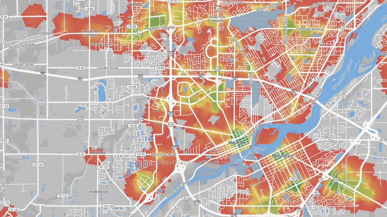 Walk Grade map of Maumee, OH, walkable areas in green and car-dependent areas in red
