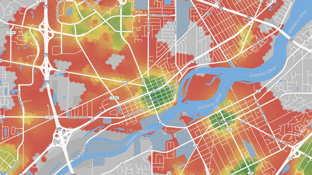Walk Grade map of Maumee Uptown Historic District, Maumee, OH, walkable areas in green and car-dependent areas in red