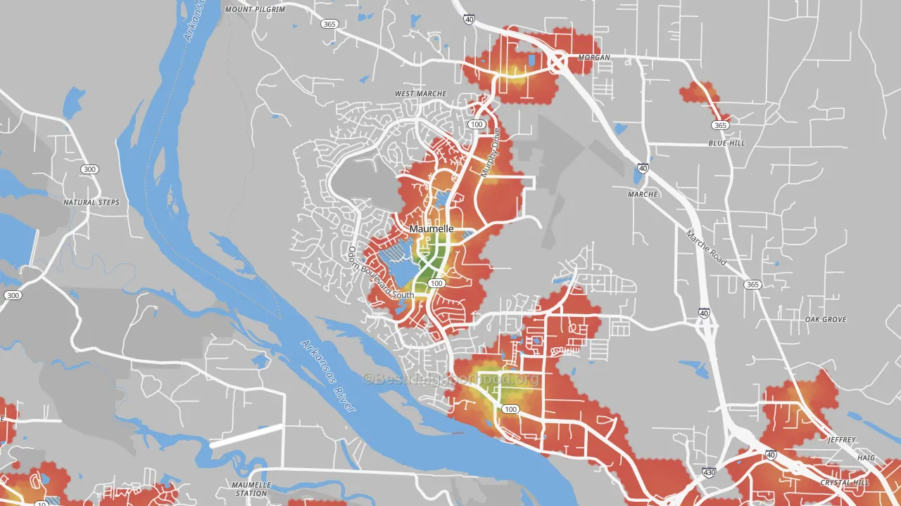 Walk Grade map of Maumelle, AR, walkable areas in green and car-dependent areas in red