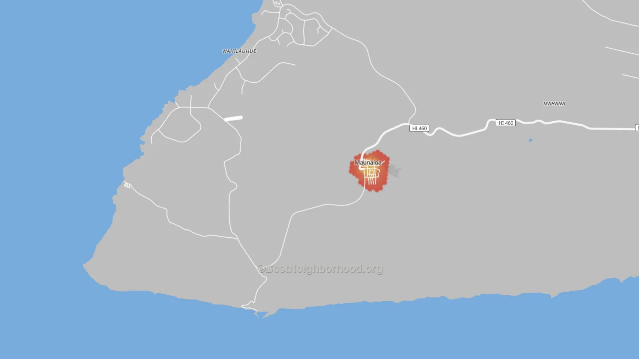 Walk Grade map of Mauna Loa, HI, walkable areas in green and car-dependent areas in red
