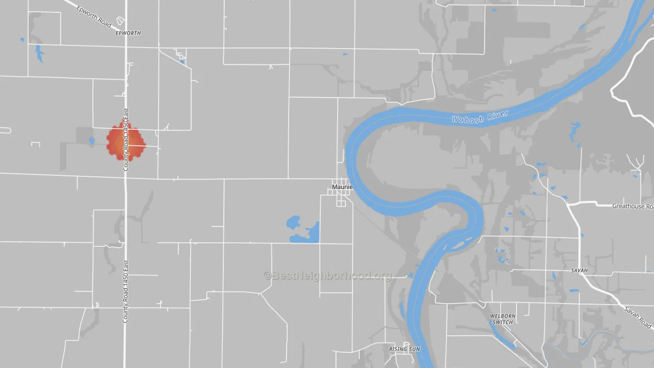Walk Grade map of Maunie, IL, walkable areas in green and car-dependent areas in red