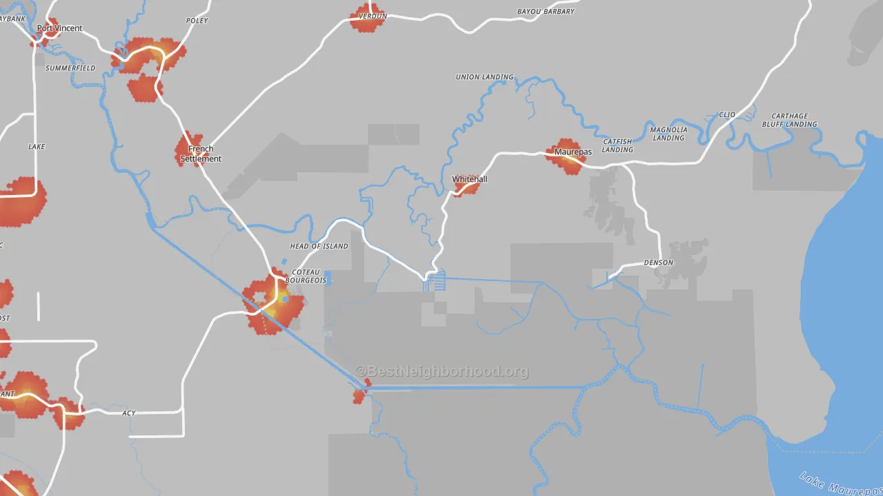 Walk Grade map of Maurepas, LA, walkable areas in green and car-dependent areas in red