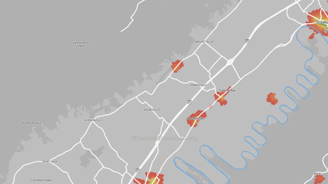 Walk Grade map of Maurertown, VA, walkable areas in green and car-dependent areas in red