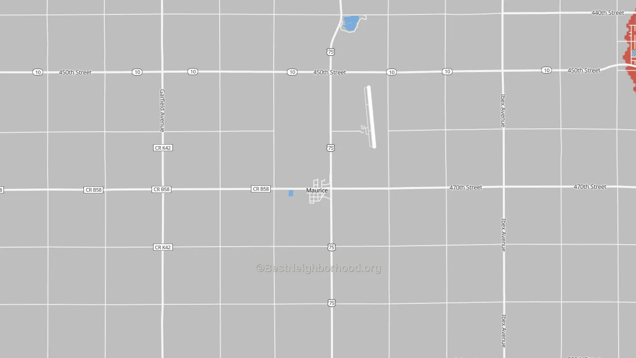 Walk Grade map of Maurice, IA, walkable areas in green and car-dependent areas in red