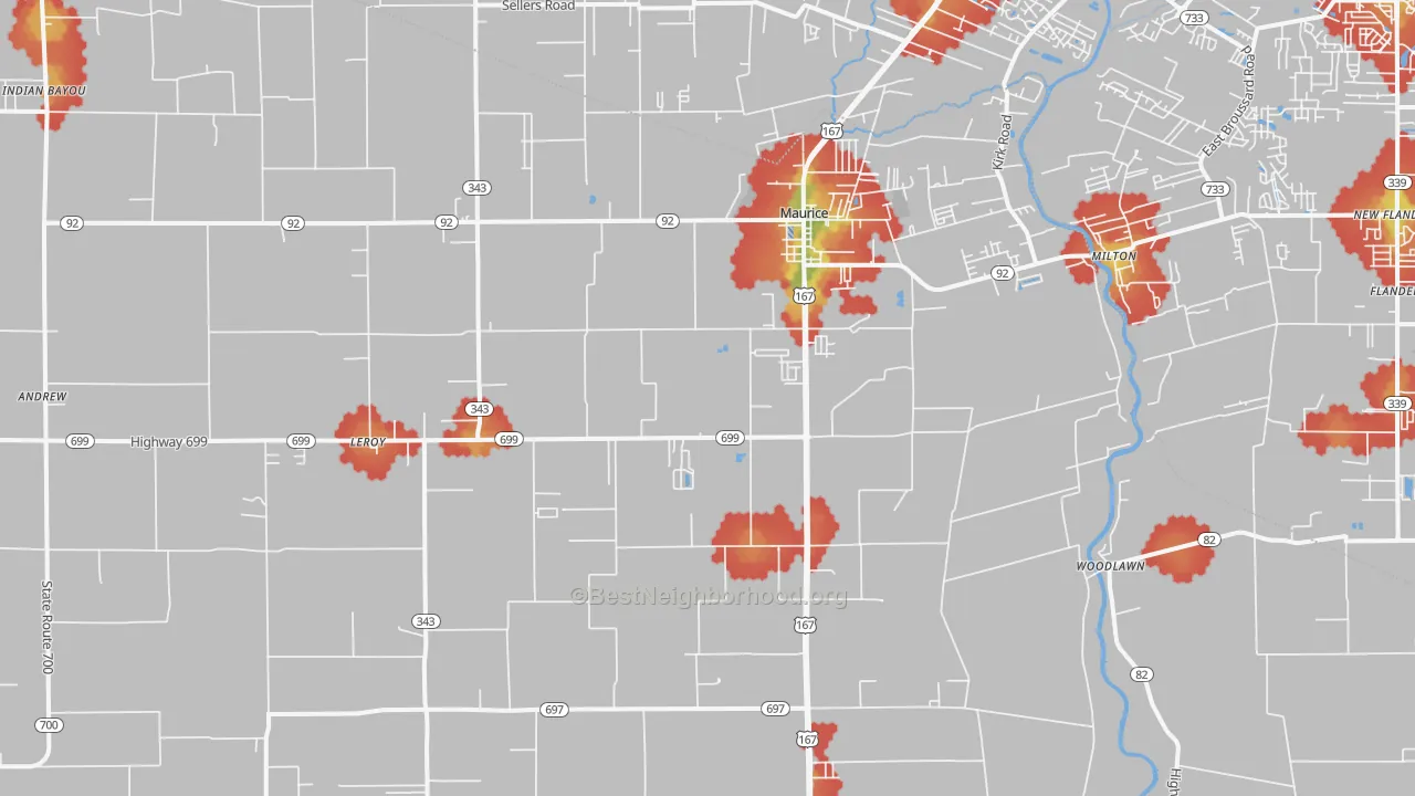 Walk Grade map of Maurice, LA, walkable areas in green and car-dependent areas in red