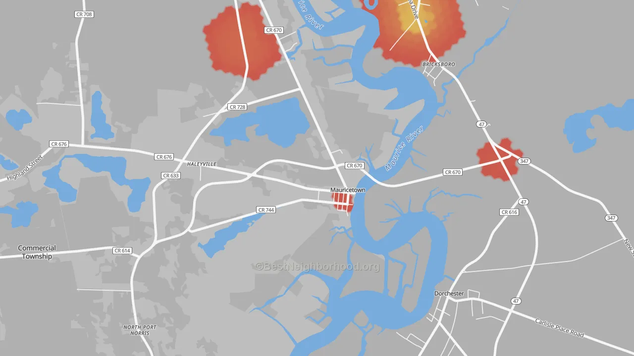Walk Grade map of Mauricetown, NJ, walkable areas in green and car-dependent areas in red