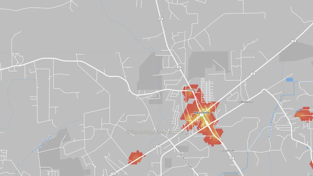 Walk Grade map of Mauriceville, TX, walkable areas in green and car-dependent areas in red