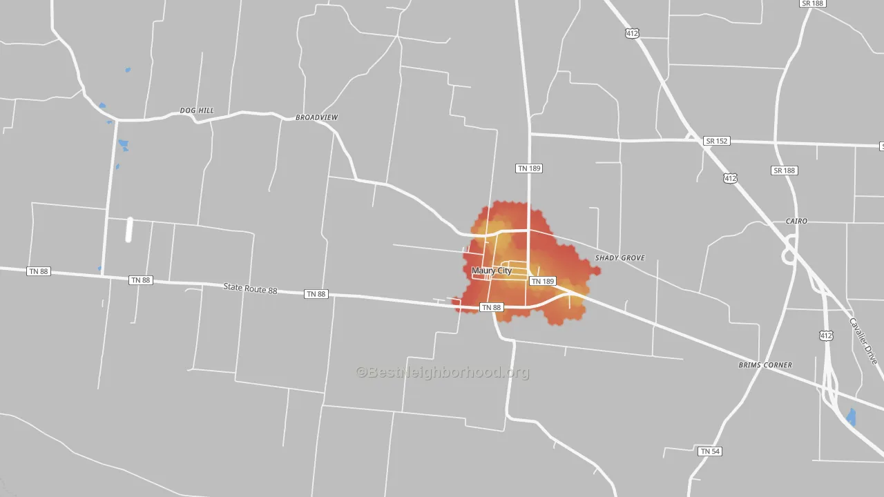 Walk Grade map of Maury City, TN, walkable areas in green and car-dependent areas in red