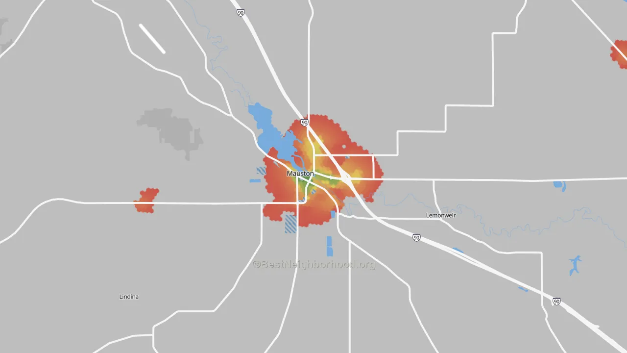 Walk Grade map of Mauston, WI, walkable areas in green and car-dependent areas in red
